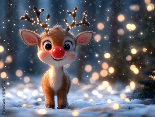 Cute cartoon reindeer standing in a snowy landscape with festive lights in the background.