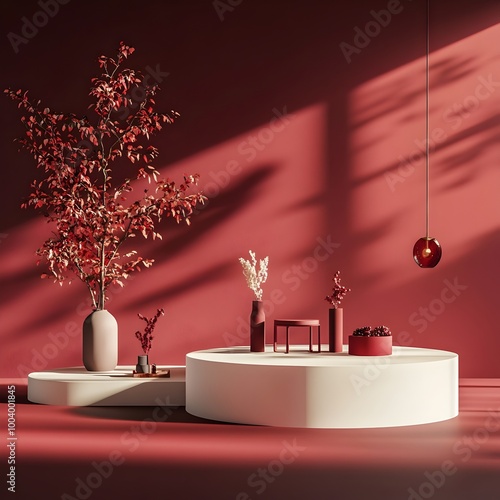 Minimalist burgundy colored product display room with platform stand soft shadow lighting and afternoon sunlight mockup setup Clean and contemporary interior design for commercial retail