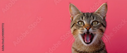 Expressive tabby cat yawning or meowing on pink background. Humorous pet memes and social media content