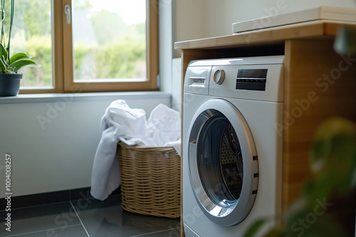 Modern washing machine standing in a bright laundry room with a wicker basket full of clothes next to it