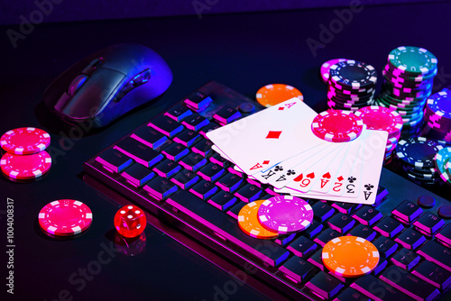 A vibrant arrangement of poker chips and playing cards on a gaming keyboard with a mouse at an online casino setup during the evening