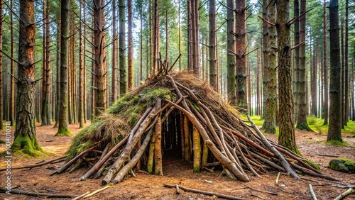 Woodland hut made of twigs, primitive skills, shelter, tree branches, pine forest