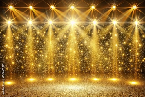 Wide-Angle Golden glitter stage with spotlights ideal for premium ceremonies Lavish Brilliant Illuminated background