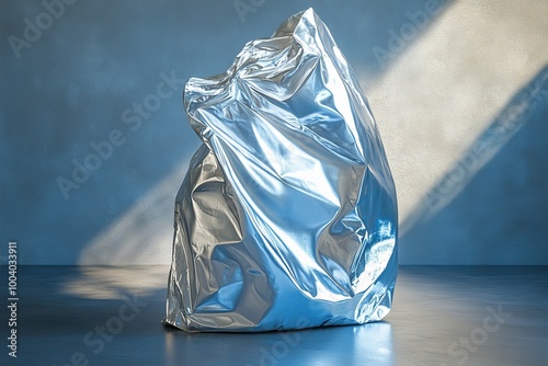 Crumpled shiny aluminum foil texture with light reflections and metallic sheen