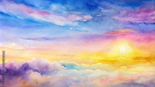 Serene watercolor landscape of the sky at sunset with colorful clouds for relaxation concept