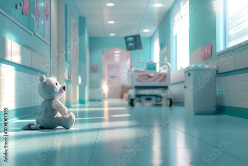 Teddy bear is sitting on the floor of a hospital hallway, waiting patiently