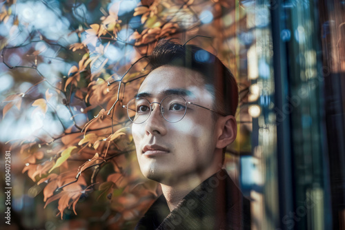 Reflective Portrait of a Man in Glasses Surrounded by Autumn Foliage