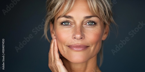 Elegant middle-aged woman softly touching her neck, emphasizing the smooth texture of her skin, with a calm and confident look in a softly lit setting