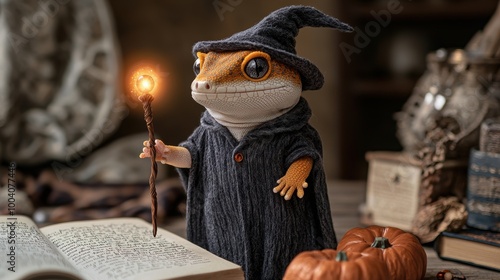 A magical lizard wearing a wizard hat, holding a glowing wand near a book and pumpkins in a whimsical setting.