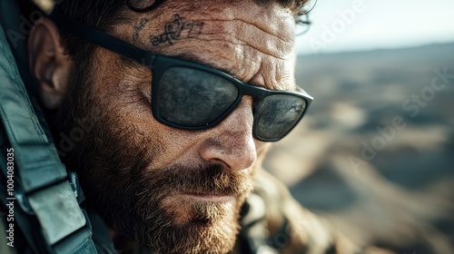 A soldier in sunglasses with rugged face tattoos, sitting in a barren landscape, contemplating deeply while reflecting the harshness and solitude of his environment.