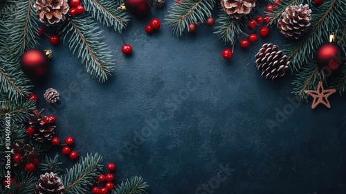 A festive winter display of green pine, red berries, and pine cones set against a deep blue backdrop for the holidays