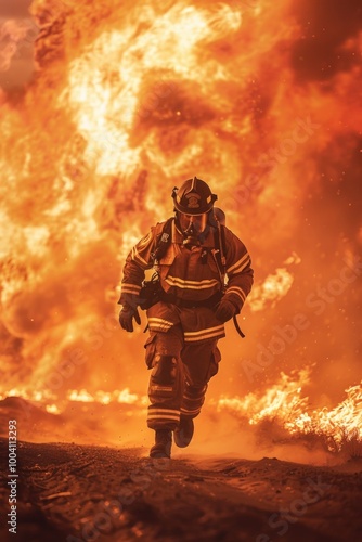 A firefighter runs away from a raging fire in a burning building