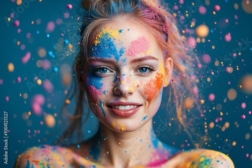 A woman with colorful paint on her face and body