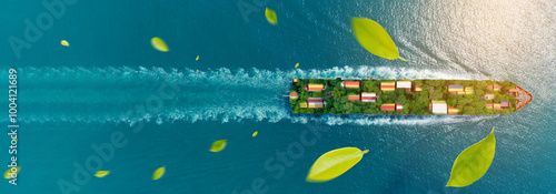 Container ship green Leave. green transportation industry eco shipping for sustainable energy saving environmental low carbon. Express Cargo Container Ship with contrail in the ocean