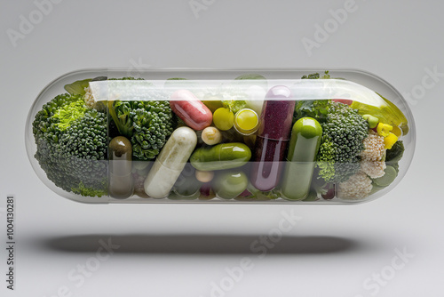 A futuristic food pill filled with vibrant vegetables and fruits, showcasing blend of health and technology. This innovative concept represents new era in nutrition and wellness