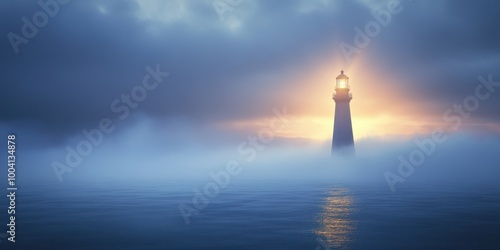 A serene lighthouse shines through fog, symbolizing guidance and hope on a tranquil seascape at dawn.