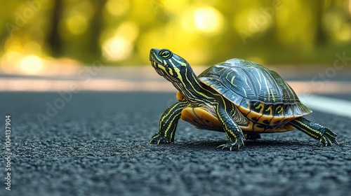 Close-up of a small turtle walking on a road with sunlight shining in the background, representing slow and steady movement in nature and wildlife, reptiles, adventure, travel, outdoor exploration