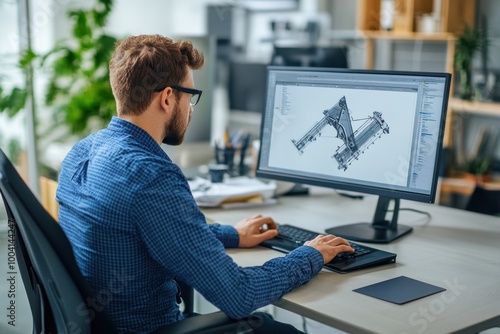 Engineer developing structural design on computer screen.