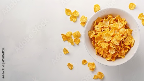 Corn flakes poured out of a white bowl on white background