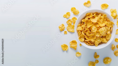 Corn flakes poured out of a white bowl on white background