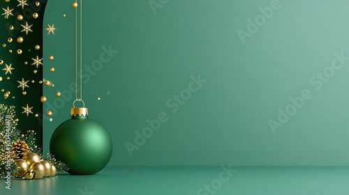 Green Christmas ornament with golden accents beside pinecones and festive decorations on a textured teal background