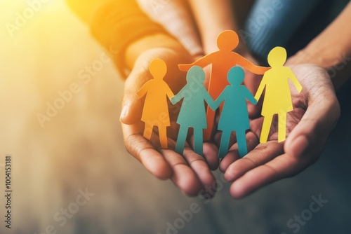 Children and adults holding a paper cutout of a family, a home, an adoption foster care program, a homeless charity, a household budget during inflation