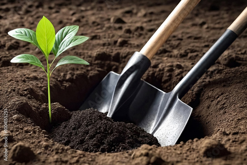 Young tree sapling lies at dug hole next to shovel and is ready to plant in ground. Background for gentrification of territory. Concept of landscaping, nature, environment and ecology. Copy space