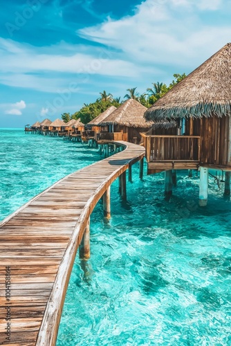 A luxury overwater vacation resort with a wooden walkway leading to thatched-roof huts on the turquoise ocean water, with a Maldives island background.