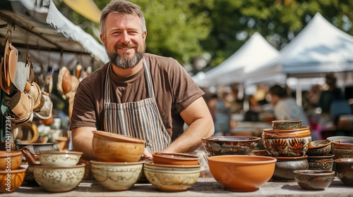 Man selling handcrafted pottery at market