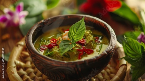 Aromatic Homemade Asian Soup Bowl with Fresh Vegetables and Herbs on Wooden Table