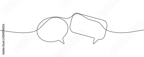 One continuous line illustration of speech bubble or chat icons. Continuous line drawing of communication bubbles. Blank template of quick tips badge or message box. Vector.