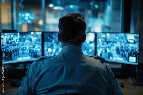 Back view of security officer overseeing multiple surveillance screens in control room at night. Monitoring public activity for safety and security