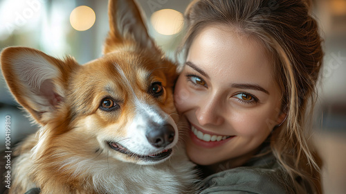 Médica veterinária feliz uniformizada abraçando e brincando com um cão Pembroke Welsh Corgi após o tratamento no consultório da clínica