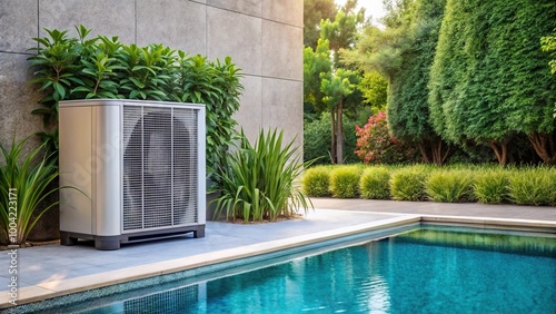 Outdoor heat pump unit by pool with decorative plants in long shot