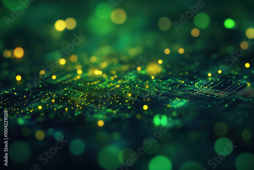 A mesmerizing blend of vibrant green and gold lights illuminating an intricate digital landscape of technology and innovation. Generative AI