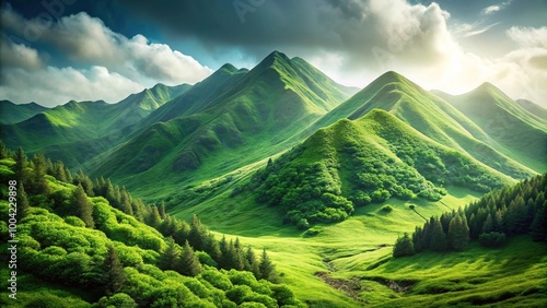 Green mountain landscape with abstract design