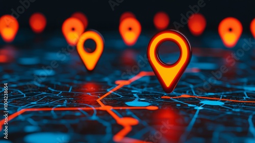 Red location pins on a digital map with glowing blue connections.