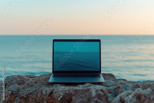 Minimalist laptop mockup computer outdoors horizon.