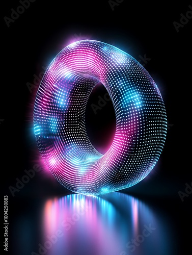 A vibrant, glowing 3D toroid shape radiating bright colors on a dark background. A minimalist poster in metallic and chrome gradient style.