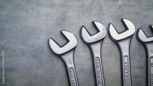 A close-up view of shiny metal wrenches arranged on a textured surface, showcasing tools for repair and maintenance tasks.