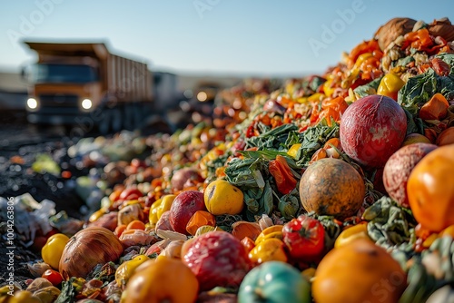 Landfill site overflowing with vibrant mounds of food waste collected from urban areas during the afternoon light