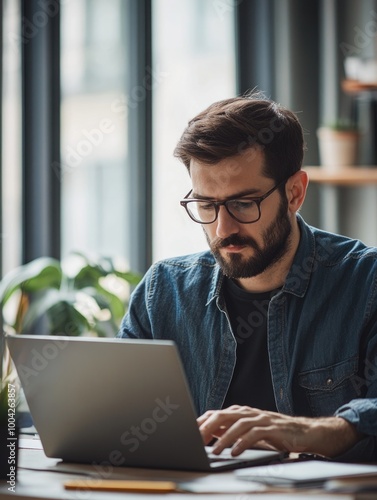 A professional looking man in an office environment using a laptop.