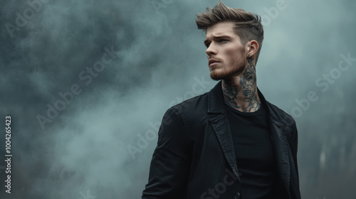 Tough male model in black t-shirt and blazer, tattoos on display, standing in a foggy, mysterious atmosphere