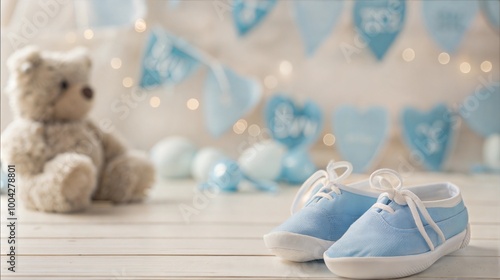 Baby boy shoes with teddy bear and blue decorations for baby shower celebration