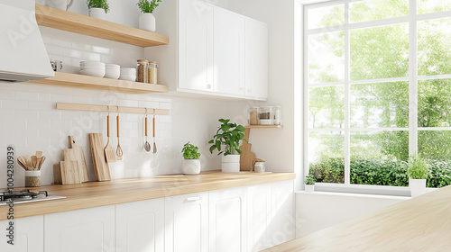 A bright and modern kitchen featuring white cabinetry, wooden shelves, and large window that brings in natural light. space is adorned with plants and kitchen utensils, creating warm and inviting atmo