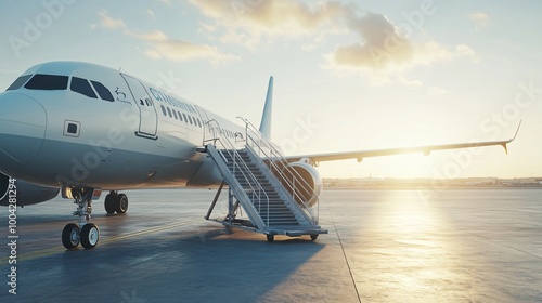 A sleek silver jet, its wings outstretched, sits gracefully on the tarmac of a bustling airport, ready to take flight on its journey through the vast blue sky