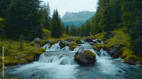 Wild mountain river with rushing water flowing over boulders and steep hillsides