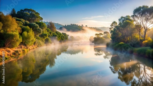 Morning mist over Andalusian river and Mediterranean forest, tilted angle