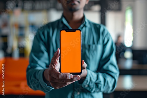 App display indian man in his 40s holding an smartphone with an entirely orange screen