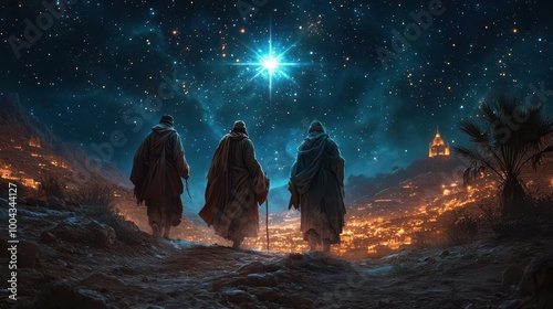 three wise men journeying under a magnificent star in a breathtaking night sky with brilliant stars twinkling above glowing hills of a serene landscape